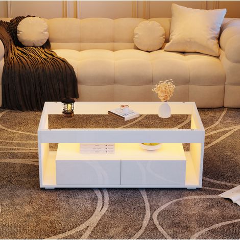Tavolo salotto LED con 2 cassetti vetro 100x50x40 cm OKMYHOME (1/5)