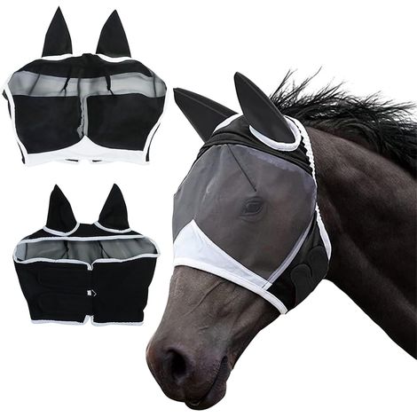 Masque anti-mouches confortable extensible pour les yeux avec protection UV contre les moustiques et les insectes, demi-visage avec oreilles pour chevaux – Noir (M) (1/5)