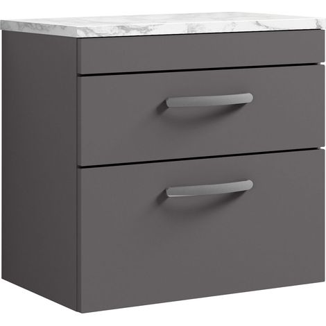 Nuie Athena Wall Hung 2-Drawer Vanity Unit with Carrera Marble Worktop 600mm Wide - Gloss Grey (1/4)