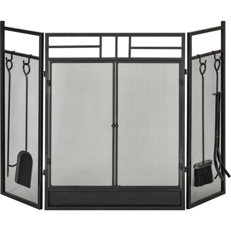 Pare-feu Large pour cheminée ou poêle - Pare-étincelles serviteur de cheminée 2 en 1 avec Accessoires - 3 Volets Pliables et Porte - Acier métal Noir (1/5)