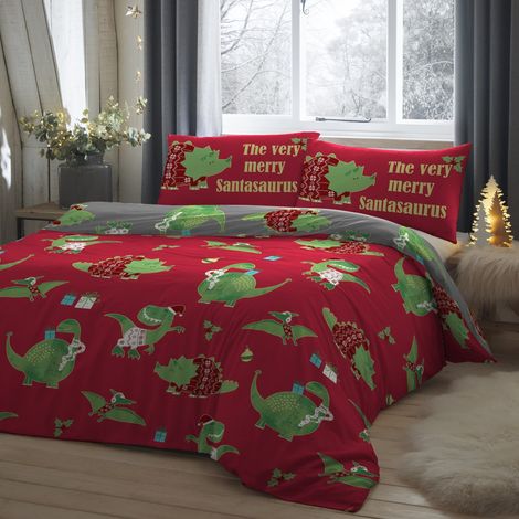 Housse de Couette Dinosaure de Noël Lit Double 200 x 200 cm Réversible 2 Couleurs 2 taies d'oreiller incluses Cartoon Housse de Couette de Noël pour Enfant