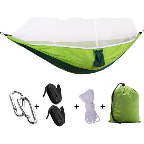 Lightweight hammock with outdoor mosquito net, 260x140cm, tip-over prevention, camping swing, yellowish-green and blackish (white net) (1/5)