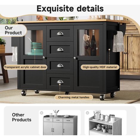 Îlot de cuisine, buffet avec rangement, 120x73(45)x93cm, chariot de cuisine extensible sur roulettes, porte-serviettes, étagère à épices, tablettes réglables, deux portes, quatre tiroirs, blanc/noir (1/5)