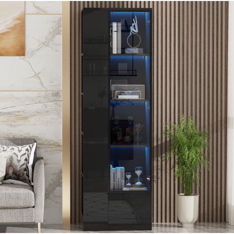 Vitrine 50 x 35 x 160 cm aus Spanplatte und Glas, Schwarz, mit LED – MEUBLIV (1/5)