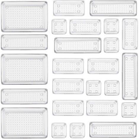 LAN , Lot de 25 Organisateurs de Tiroirs en Transparent,avec 4 tailles de boîtes de rangement en plastique, organiseur de maquillage transparent antidérapant pour salle de bain,cosmétiques (1/4)