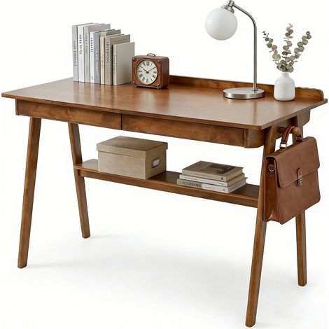 Schreibtisch Massivholz Nussbaum 120x60 cm, 2 Schubladen, Regal, Haken, Mid-Century (1/5)