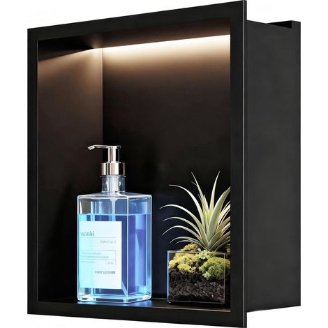 1 Niche Douche Acier Inoxydable LED IP67 Réglable Noir Mat 30x30cm Salle de Bain (1/5)