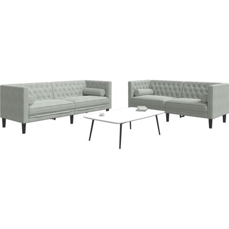2-tlg. Chesterfield-Sofa-Set mit Nackenrollen Hellgrau Samt