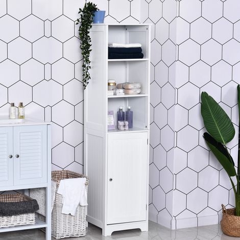 Mobiletto da bagno alto a 5 ripiani, colonna contenitore per il bagno con 3 ripiani, 1 anta e ripiano regolabile, 40x38x160 cm, bianco