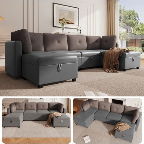 6-moduliges, modulares U-förmiges Sofa mit Stauraum – Multifunktionale Wohnzimmer-Ecksofa, verwandelbar in L-förmiges Sofa/Liegebett/Einzelsessel, Samt + Cord im Kontrastdesign, hochdichter Schaumstof