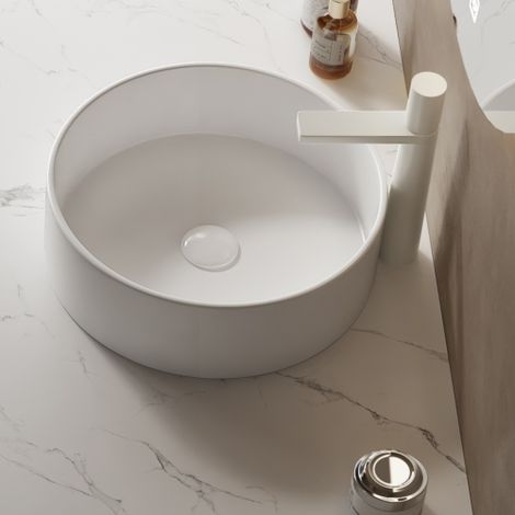 Lavabo de 36 cm, recipiente redondo de cerámica, SIN grifo, SIN armario, blanco (1/4)