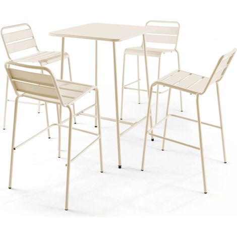 Ensemble table de bar et 4 chaises hautes en métal ivoire - Palavas (1/5)
