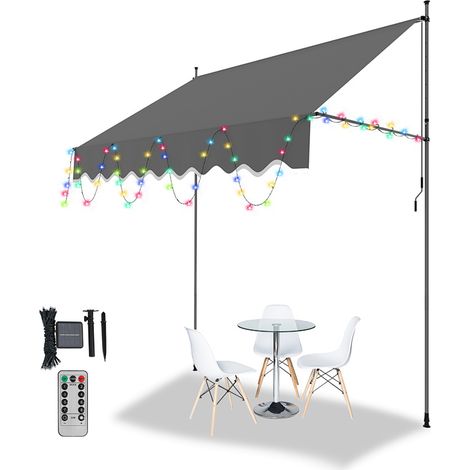 Jiubiaz Klemmmarkise mit LED 200x120cm Balkonmarkise, UV-beständig 50+ höhenverstellbar Sonnenschutz ohne Bohren für Terrasse und Balkon Grau