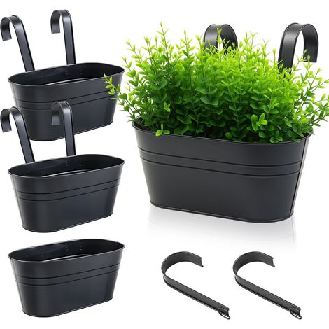 Lot de 4 pots de fleurs suspendus en métal, pots de fleurs noirs à suspendre, seau de fleurs suspendu avec crochet amovible pour balcon, clôture, jardin (1/5)