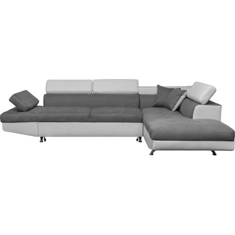 Usinestreet – Canapé d'angle convertible avec coffre de rangement – 5 places – Accoudoirs réglables – Dimensions 271 x 192 cm – Microfibre blanc et gris (1/5)