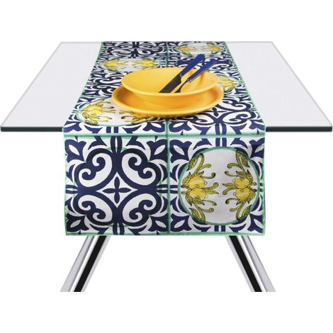 Excelsa Amalfi Runner da Tavola, Cotone 100%, Giallo E Blu, 45 x 140 cm (1/4)