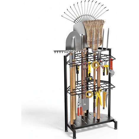 Organisateur d'outils de jardin 3 niveaux en métal, rangement pour abri, outils de jardinage avec manches longues, râteaux, balais, garage, patio, terrasse, intérieur et extérieur (1/5)