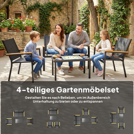 Metall-Gartenmöbelset, 4-Sitzer-Lounge-Möbelgruppe, Garten-Lounge-Sessel mit Zweisitzer-Sofa, Sessel und Beistelltisch, 110x63,5x84cm, Schwarz. (1/5)