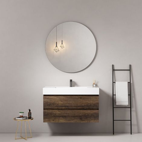 Mobile bagno sospeso 100 cm Bruno Scuro Lavabo in Resina Specchio Tondo - Fiji Wood