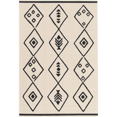 Tapis salon et chambre 80x150 crème et noir rectangle tissé motif abstrait FLARINE 3 (1/5)