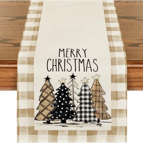 Chemise De Table Noel - Arbre De Noel Aquarelle Carreaux - Pour Table A Manger Cuisine Interieure - 33 X 183 Cm - 1 Piece