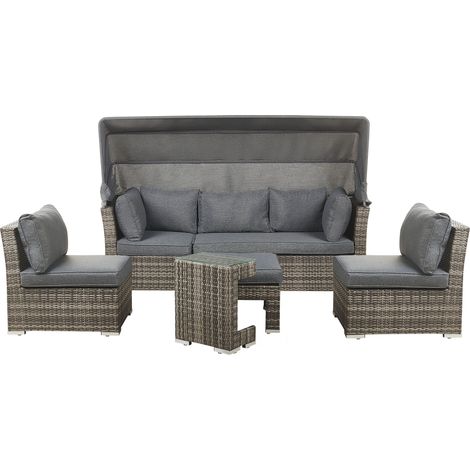 Conjunto de jardín de ratán sintético gris sofá con dosel mesa auxiliar diseño moderno Corte (1/5)