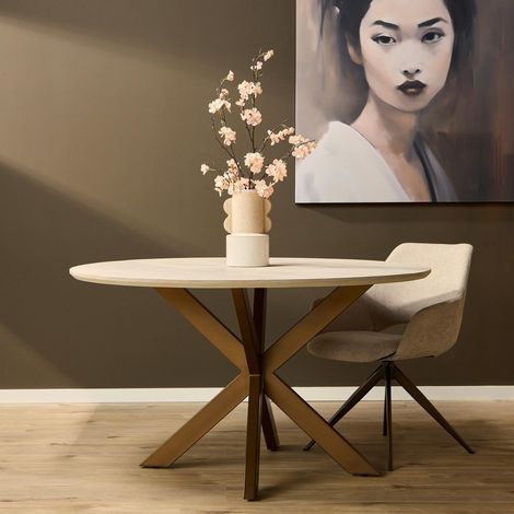 Table à manger ronde bois sable pied bronze Ø150 cm CORTINA