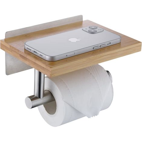 Porte-Rouleau de Toilette en Bambou avec Étagère,Support Murale Salle de Bain sans Perçage,Finition Nickel Brossé (1/5)