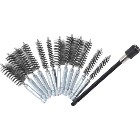 Set mit 13 Laufreinigungsbürsten, Ø 8–19 mm, 1/4-Zoll-Schaft, 15 cm Verlängerungsstange, silberner Stahldraht, Bohrwerkzeug (1/5)
