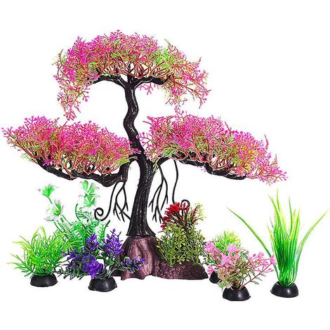 Ensemble d'arbre et de plantes artificielles en plastique pour aquarium, représentant un poisson rouge rose vif de taille moyenne, 9,4 (1/5)