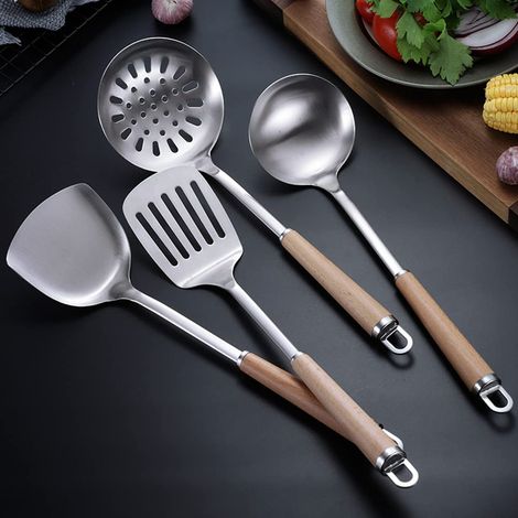 Lot de 4 ustensiles de cuisine en acier inoxydable 304 spatule louche passoire et spatule avec long manche en bois résistant à la chaleur 4 poignées (1/4)