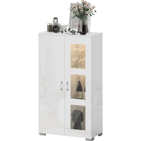 Beleuchtetes RGB-LED-Sideboard mit 16 Farben, Fernbedienung, Hochglanzlackierung, Glastüren, Glasböden, 71 x 35 x 126 cm, weiß