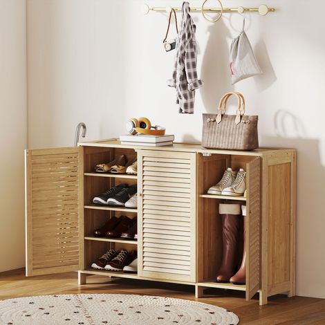 Meuble à chaussures en bambou 18 paires, armoire à chaussures avec portes persiennes et étagères réglables, bois naturel (1/5)