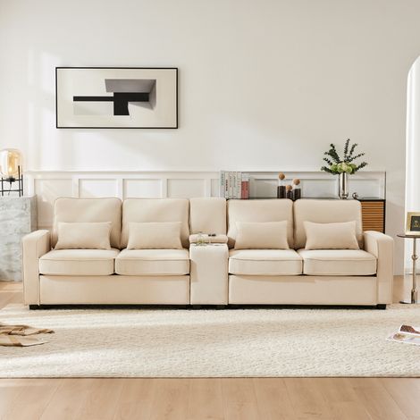 Canapé 4-Sitzer Leinenstoff Beige 290x83x88 cm mit Konsole, 2 Getränkehaltern und USB-Anschluss (1/5)