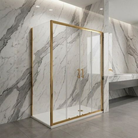 Porta scorrevole apertura centrale con lato fisso in vetro temperato trasparente 6mm H190 profili oro - PORTA 190 - FISSO 80 (1/3)