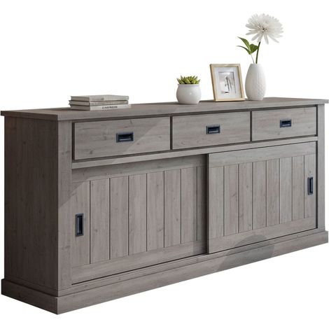 Credenza Malonno, Madia 2 Ripiani, 3 Cassetti, 2 Ante, 220x50x95h cm Grigio Rovere Grigio