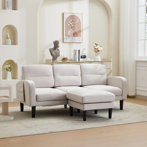 Canapé d'angle en L, 3 places avec méridienne, petit canapé d'angle, poche de rangement latérale, pieds de 10 pouces, idéal pour le salon, 204 x 136 x 80 cm, beige (1/4)
