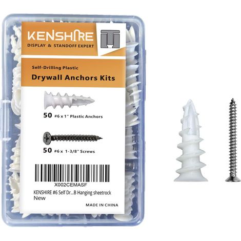 Kit d'ancrages et de vis autoperceuses pour cloison sèche - 50 chevilles auto-taraudeuses filetées en plastique - 50 vis à tête plate en acier inoxydable - Jusqu'à 34 kg (1/5)