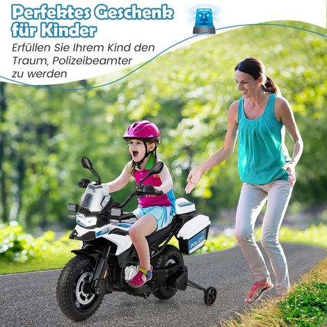 Moto de policía para niños, moto a batería con 2 ruedas de apoyo, 110 x 82,5 x 63 cm, blanca