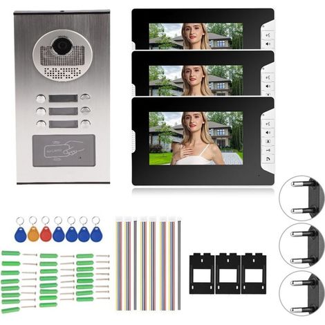 Sistema videocitofonico da 7 pollici con 3 monitor, sistema citofonico RFID intelligente, visione notturna, campanello, 100-240 V (UE) (1/5)