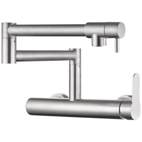 Robinet de cuisine mural pliable, acier inoxydable 304, double trou, rotation à 360°, double commande. (1/5)