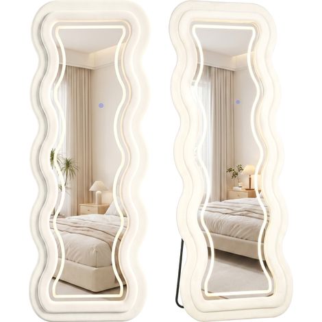 HOMCOM Full Length Mirror, 160 x 60 cm Velvet Wall Standing Mirror, Cream (1/5)
