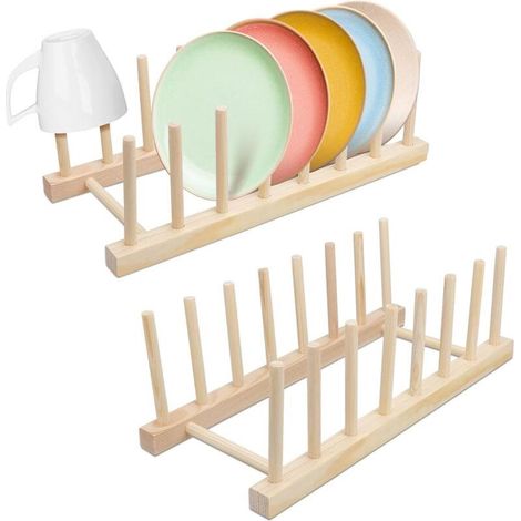 CSPARKV 31 x13 x11 cm Lot de 2 supports d'assiettes à 7 fentes - Égouttoir à vaisselle - Porte-assiettes - Support pour couvercles de casserole - Support de livre en bois pour planche à découper, ass (1/5)