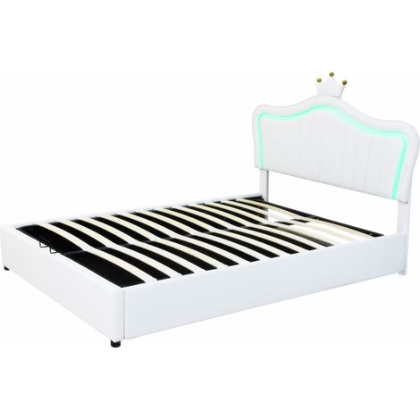 Letto imbottito per bambini 140 x 200 cm bianco con contenitore idraulico LED e testiera (1/5)