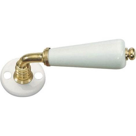 Poignée de porte en porcelaine – Décor blanc et laiton – Diamètre 50 mm – Longueur 110 mm – Saillie 62 mm – Carré 7 mm inclus – Merigous