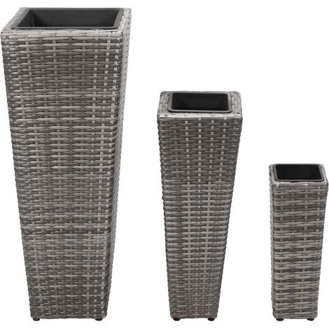 Lot de 3 jardinières surélevées bacs à fleurs en résine tressée et acier pots amovibles gris (1/5)