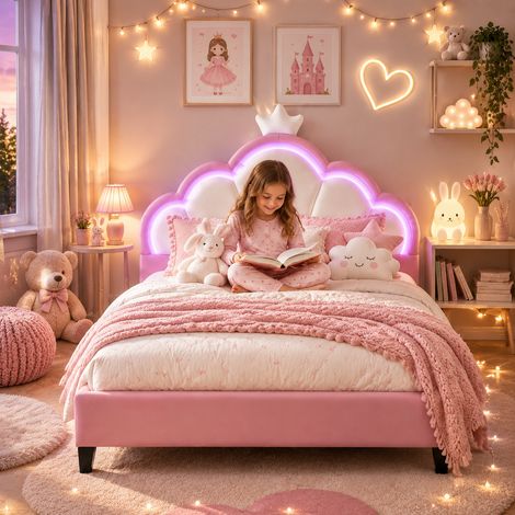 Lit enfant princesse 140x200 cm avec sommier, velours rose, tête de lit couronne, lit double avec led pour chambre fille