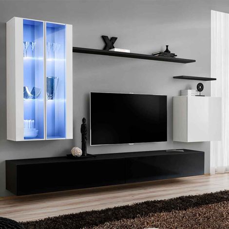 Meuble TV Mural Design "Switch XII" 270cm Blanc & Noir (1/4)