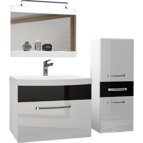 BELINI Meuble de Salle de Bain Lavabo Inclus, Meuble sous-Vasque, Miroir et Cabinet Largeur: 100 cm Kit d'éclairage Inclus Couleur : Blanc très Brillant/Noir très Brillant (1/5)