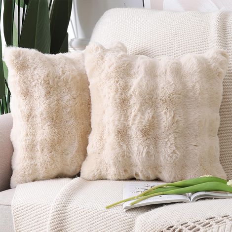 Lot de 2 Doux Peluche Laine Courte Toison Décoratif Housses de Coussin Luxe Style pour canapé Chambre Beige Clair 45 x 45 cm (1/5)